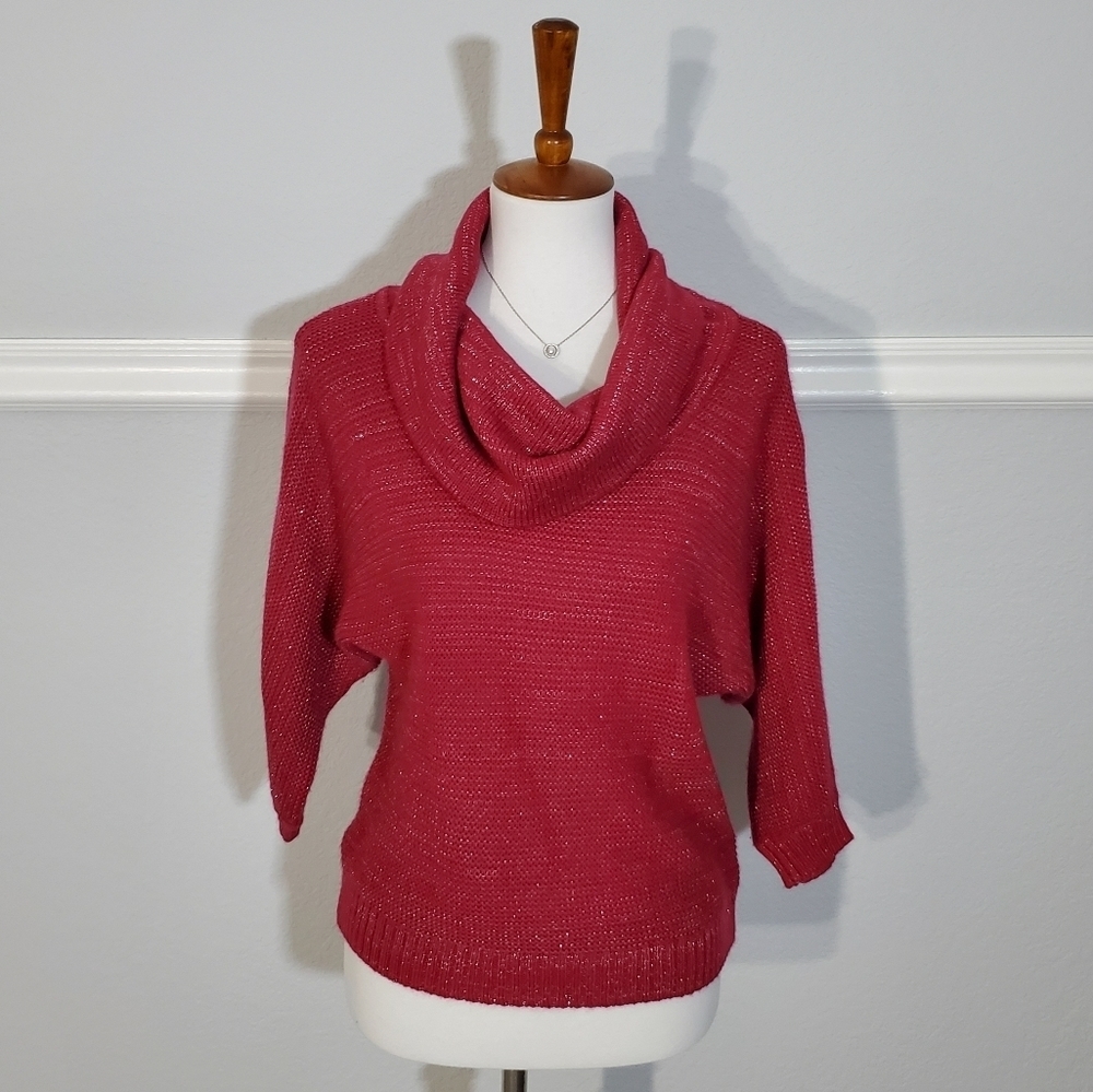 New York & Company Cowl Neck Oversized Knit Sweater Hot Pink Metallic Shimmer XS